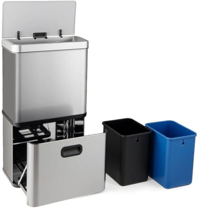 Prullenbak met 2 compartimenten - Afvalscheiding - Zilver Duo pedaalemmer - 56 liter afvalbak - Recyclingbak - Afvalscheidingsbak - Hygiënische afvalscheiding - Keukenprullenbak - Kantoorprullenbak