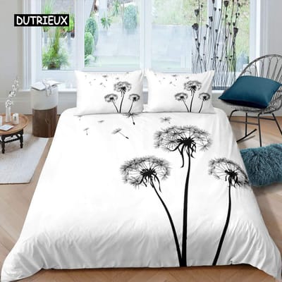 Paardenbloem Dekbedovertrek Set Queen Size voor Kinderen Vliegende Bloem Dekbedovertrek Monochroom Paardenbloemen Bloementhema Twin Dekbedovertrek EU single(135x200cm)