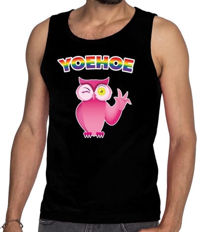 Yoehoe roze knipogende uil gaypride tanktop/mouwloos shirt - zwart homo singlet voor heren - gaypride S