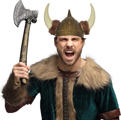 Funny Fashion Viking verkleedkleding set - 2 delig - heren - vikinghelm met hoorns - hakbijl van 47 cm - Noormannen