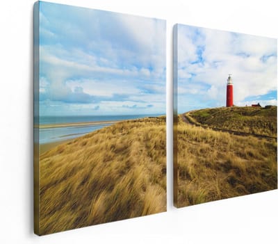 Artaza Canvas Schilderij Tweeluik Vuurtoren met Duinen in Texel - 120x80 - Foto Op Canvas - Canvas Print