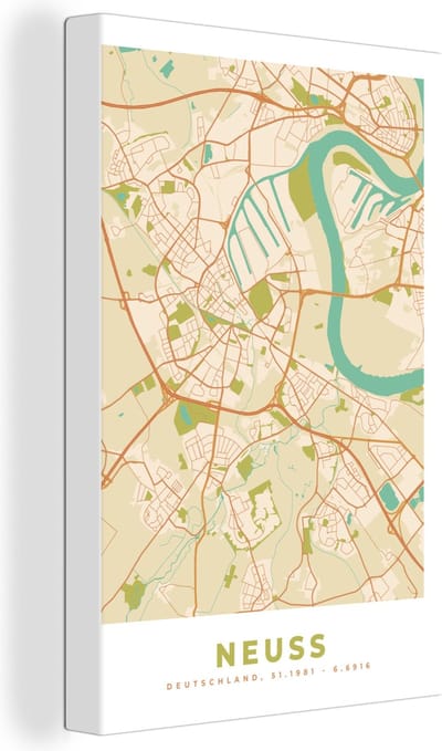 Canvas Schilderij Neuss - Vintage - Plattegrond - Kaart - Stadskaart - 20x30 cm - Wanddecoratie