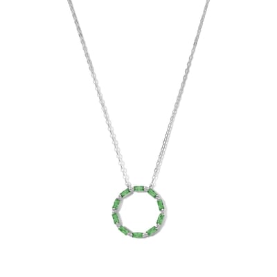 New Bling 9NB-1070 Zilveren Ketting met Zirkonia Hangertje Cirkel - 20mm Doorsnee - Groen Wit - 40+5cm - Rhodium - Zilver