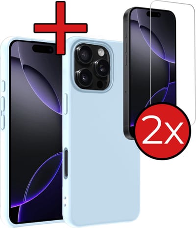 Hoesje - Met 2x Screenprotector - Geschikt voor Apple iPhone 16 Pro - Sterk & Shockproof - Telefoon Hoes - Back Cover - Siliconen Case - Telefoonhoes - Lichtblauw