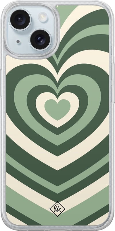 Casimoda® hoesje - Geschikt voor iPhone 14 - Groen Hart Swirl - 2-in-1 case - Schokbestendig - Geometrisch patroon - Verhoogde randen - Groen, Transparant