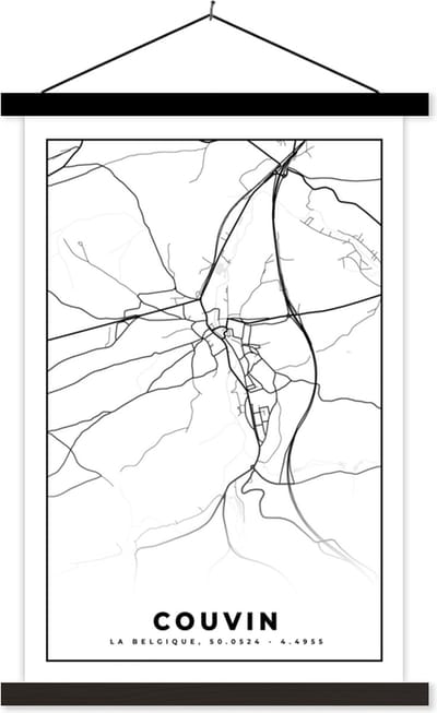 Posterhanger incl. Poster 40x60 cm - Schoolplaat - Plattegrond – Couvin – Zwart Wit – Stadskaart - Kaart - België - Textielposter - Zwarte latten - Stadskaart