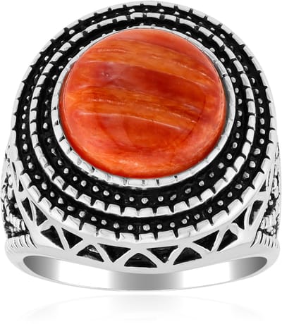 Cavill - 925 Sterling Zilver Ring met 6,11 ct Oranje Oester Cabochon - Antieke Patina - Unieke Handgemaakte Statementring