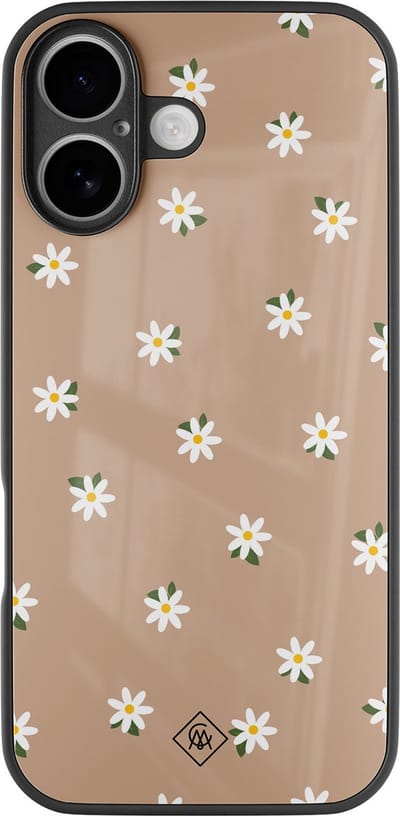 Casimoda® hoesje - Geschikt voor iPhone 16 - Sweet Daisies - Luxe Hard Case Zwart - Backcover telefoonhoesje - Bruin/beige