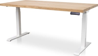 Zit-sta bureau met massief eiken blad 120 x 80 cm - MRC PRO NEN-EN 527 - elektrisch verstelbaar - frame wit - 130 cm hoog - 150KG draagvermogen