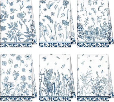 Keukendoeken Bloemendessin - Theedoeken Keuken - Keuken Decoratie - Sneldrogend Polyester - 36 x 54 cm - Blauw Wit