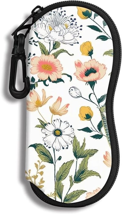 Famanu – Neopreen brillenkoker met rits – Ultralicht – Met riemclip – Beige met kattenprint