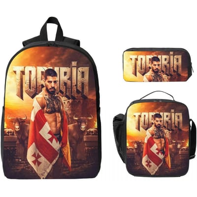 3 Stuks Ilia Topuria Worstelen Worstelaar Rugzak Set voor Jongen Meisje Pennen Etuis Boekentassen Sets met Lunchbox Voor School Leerlingen Rugzak black