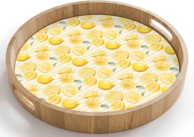 Dienblad rond 40x40 cm - Schootdienblad hout - Frans - Citroen - Strepen - Geel - Groen - Borrelplank rechthoek - Plateau houten dienbladen