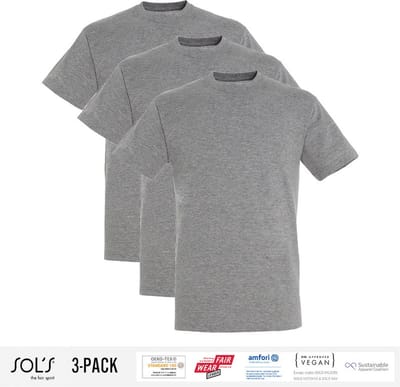 3 Pack Sol's Heren T-Shirt 100% biologisch katoen Ronde hals Grijs Maat S