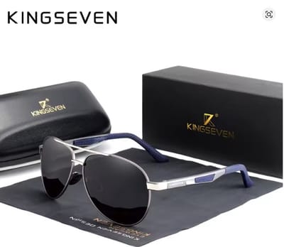 KINGSEVEN 7720 Unisex Zonnebril - Pilotenbril - Zwart Metallic Frame met Blauwe Accenten & Luxe Verpakking