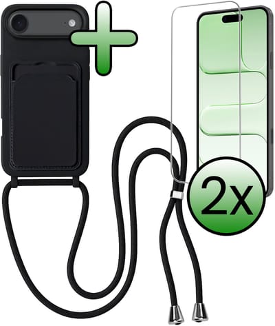 Hoes Geschikt voor iPhone Air Hoesje Pas Houder Case Hoes Met Koord Met 2x Screenprotector - Hoesje Geschikt voor iPhone Air Hoes Met Telefoonkoord Pasjeshouder Cover - Zwart