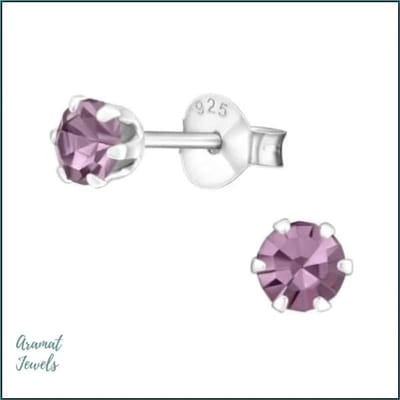 Aramat Jewels | Oorbellen | 925 Zilveren Kristallen Oorbellen Rond - Sprankelende Studs | 4mm / Licht Paars | | | Zilver | Kinderen, Volwassenen | Verkleurd niet