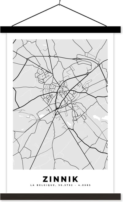 Posterhanger incl. Poster 40x60 cm - Schoolplaat - Stadskaart – Zwart Wit - Kaart – Zinnik – België – Plattegrond - Textielposter - Zwarte latten - Stadskaart