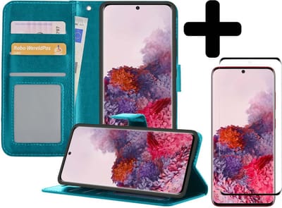 Hoesje - Met Screenprotector - Geschikt voor Samsung Galaxy S20 Plus - Luxe Pasjeshouder - Bookcase Portemonee - Flip Case - Kunstleer Book Case - Flipcase - Book Cover - Walletcase - Portemonneehoes - Telefoonhoesjes - Turquoise
