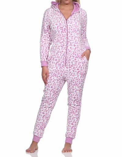 Dames pyjama overall jumpsuit in koraal fleece in dierenlook
