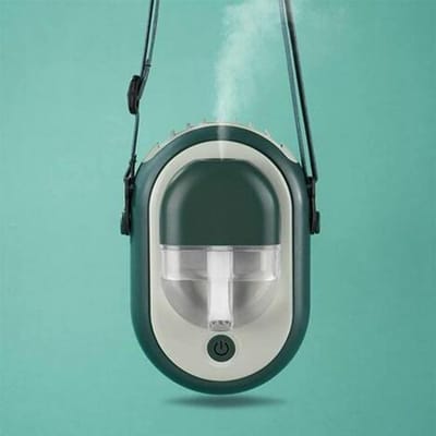 Mini-vernevelingsventilator, stille en draagbare oplaadbare USB-luchtbevochtiger, 2000 mAh-accu, 3 snelheidsstanden, inclusief afneembaar draagkoord en verborgen standaard, groene verbeterde versie