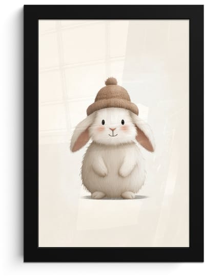 Poster in lijst - Fotolijst 20x30 cm - Posters - Konijn - Muts - Oren - Beige - Posterlijst zwart - Decoratie - Wanddecoratie woonkamer - Muurdecoratie slaapkamer