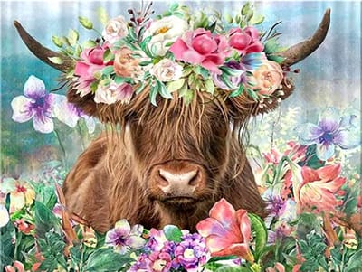 Buffel met bloemen 40x50 - Diamond painting - compleet pakket - volledig beplakt - ronde steentjes