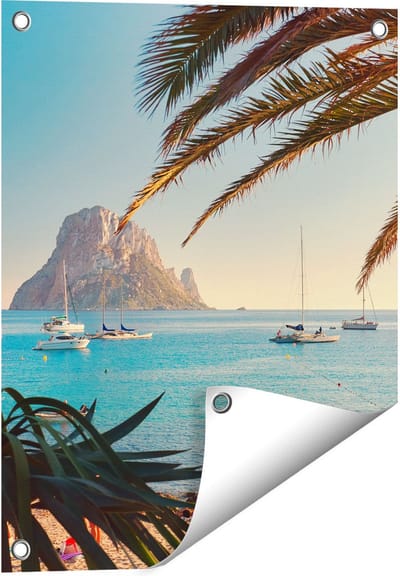 Gards Tuinposter Ibiza Cala d'Hort Strand - 40x50 cm - Tuindoek - Tuindecoratie - Wanddecoratie buiten - Tuinschilderij