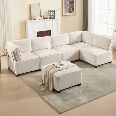 Wishdor - Modulaire 6-Zitsbank - Ergonomische Rug- En Armleuningen - Flexibele Opstelling - Voor Woonkamer - Ribstof - Beige - 308 X 154 X 81,99 Cm