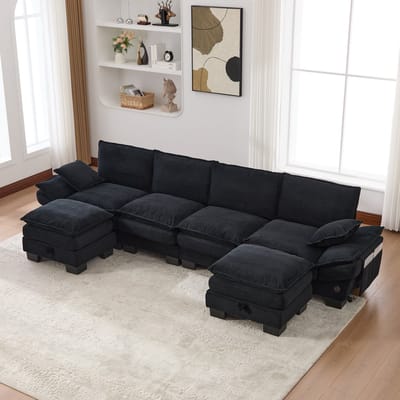 OKWISH Modulaire Hoekbank 330 X 132 X 84 Cm - 4 Zits Met 2 Hockers, Usb C En Zijvakken - Voor Woonkamer Of Kantoor - Corduroy - Zwart