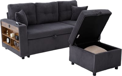 REDOM - Slaapbank Met Opbergruimte En Uitschuifbed - Minimalistisch - Voor Woonkamer Of Logeerkamer - Cord - Donkergrijs - 196 X 82-144 X 85 Cm