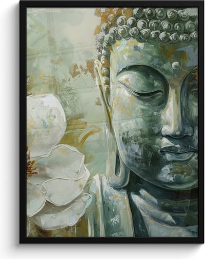 Poster in lijst - Fotolijst 60x80 cm - Posters - Boeddha - Groen - Lotusbloem - Wit - Posterlijst zwart - Decoratie - Wanddecoratie woonkamer - Muurdecoratie slaapkamer