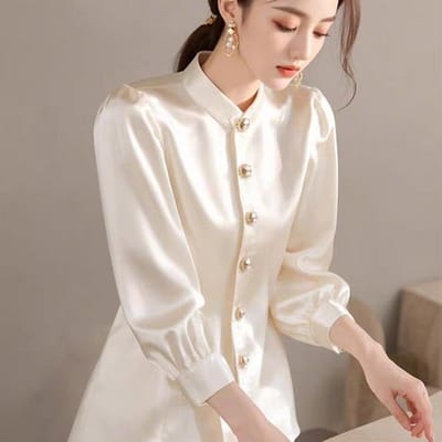 Lente Franse Super Mooie Tops Zijn Uniek, Mooi, Licht en Luxueus, Leeftijdsverminderend Mode Azijnzuur Satijnen Shirt M wit