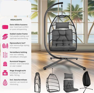 VELTRR® Egg Hangstoel - Hangstoel met Standaard - Chair voor Binnen en Buiten