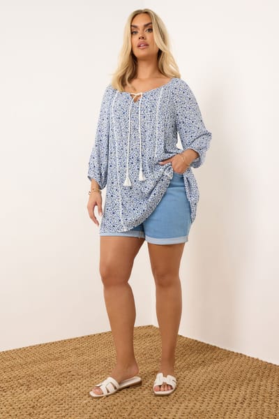 Yours Top Met Bloemenmotief En Strikdetail Met Kwastjes In Blauw Size 42