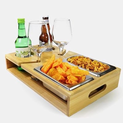 Bankbar van hout - Snackbox dienblad - Ontspannen genieten - Met bekerhouders - 39 x 25 cm - Natuurlijk