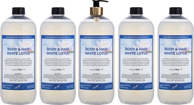 Body & Hair White Lotus 1 liter met gouden pomp - set van 5 stuks - 2 in 1 voor lichaam en haar - voordeelverpakking