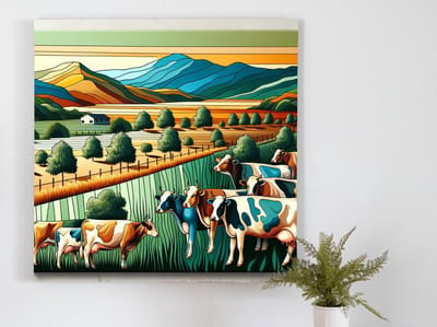 Modern koeien schilderij | Abstracte boerderijtaferelen: een hedendaagse interpretatie van landbouwdieren | Kunst - 80x80 centimeter op Dibond | Foto op Dibond