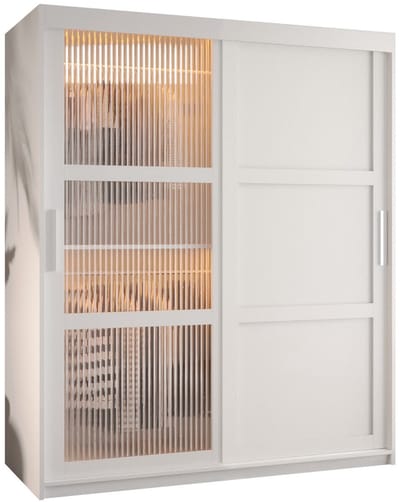 Zweefdeurkast Kledingkast met 2 schuifdeuren glanzen slaapkamerkast Kledingstang met planken Garderobekast met geribbeld glas - ARTON 3 (150 cm, Wit)