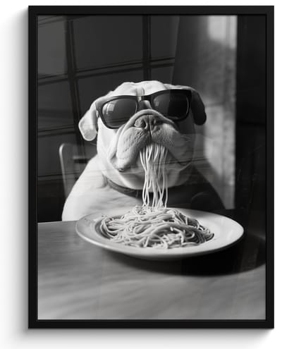 Poster in lijst - Fotolijst 50x70 cm - Posters - Hond - Bulldog - Pasta - Bril - Stoer - Dieren - Posterlijst zwart - Decoratie - Wanddecoratie woonkamer - Muurdecoratie slaapkamer