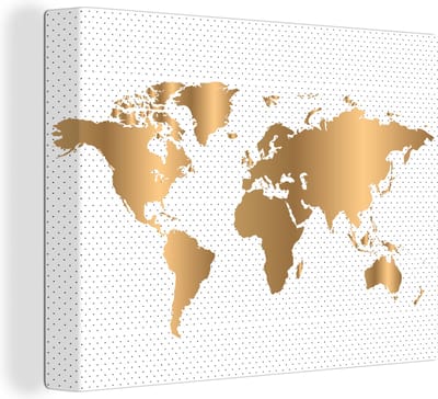 Canvas Wereldkaart - 120x90 - Wanddecoratie Wereldkaart - Stippen - Goud