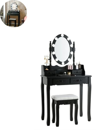 Kaptafel met spiegel en verlichting - Make up tafel - Make up - Toilettafel - Met lades - Zwart
