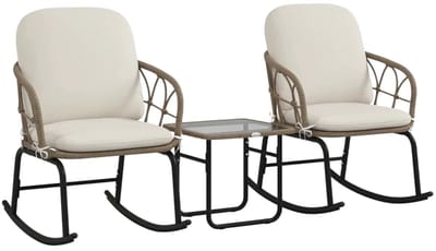 Schommelstoelenset - Bistroset - Tuinmeubel 3-delig - Tuinset - Balkonset voor 2 Personen - Tuinmeubelset met 2 Stoelen + Tafel - Bistrostijl - Boho-stijl - Zitgroep - Meubel - Loungeset - Meubelsets - voor Tuin, Balkon, Terras - Crème