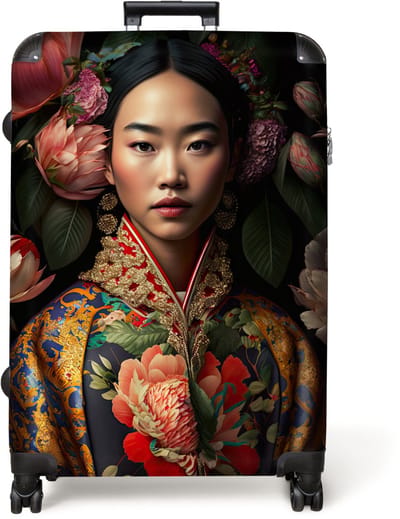 NoBoringSuitcases.com® - Koffer groot - Reiskoffer lichtgewicht - Vrouw - Asian - Kimono - Bloemen - Portret - Vakantie rolkoffer met 4 wielen - Grote trolley XL - Travel suitcase large - 98 liter bagage - Ruimbagage met TSA slot