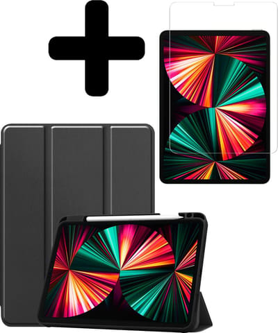 Hoes - Geschikt voor Apple iPad Pro (2021) - 12.9 inch - Met Screenprotector - Trifold Bookcase - Hard Cover Case - Met Uitsparing Geschikt voor Apple Pencil - Hardcover Book - Tablet Hoesje - Zwart