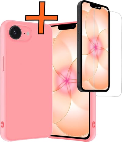 Hoes - Met Screenprotector - Geschikt voor Apple iPhone 17e - Sterk & Shockproof - Back Cover - Siliconen Case - Telefoon Hoes - Lichtroze