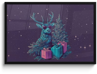 Poster in lijst - Fotolijst 90x60 cm - Posters - Rendier - Zonnebril - Neon - Kerstboom - Posterlijst zwart - Decoratie - Wanddecoratie woonkamer - Muurdecoratie slaapkamer - Kerstversiering - Kerstdecoratie voor binnen - Kerstmis