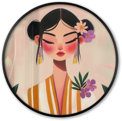 Poster in lijst Rond - Fotolijst 60x60 cm - Posters - Vrouw - Bloemen - Pastel - Ronde posterlijst zwart - Decoratie - Wanddecoratie woonkamer - Muurdecoratie slaapkamer