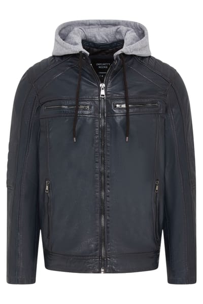 Heren blauwe capuchon biker lamsleren jas - Kingston