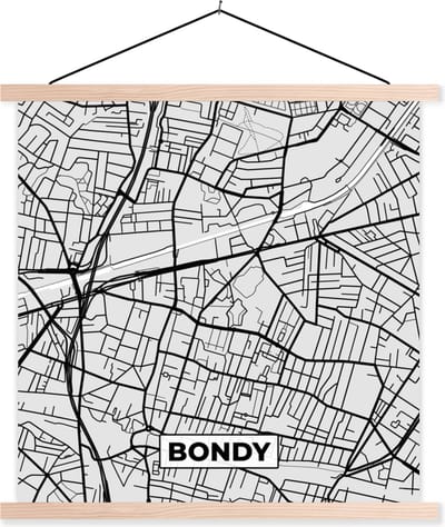 Posterhanger incl. Poster 40x40 cm - Schoolplaat - Kaart - Frankrijk - Stadskaart - Plattegrond - Bondy - Textielposter - Blanke latten - Stadskaart